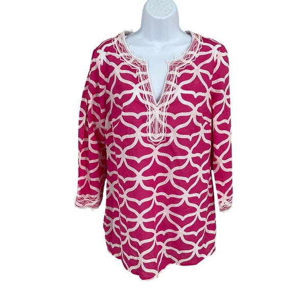 Vineyard Vines Tops - Vineyard Vines Tunic Top Women XS Pink Cotton Geometric Lace Trim Coastal Preppy